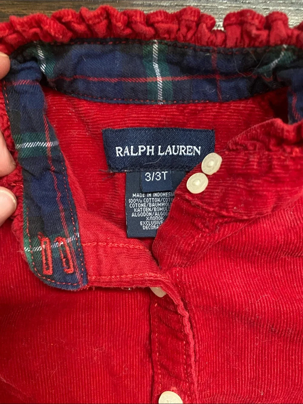 Ralph Lauren Red Corduroy Ruffle-Trim Shirt Dress